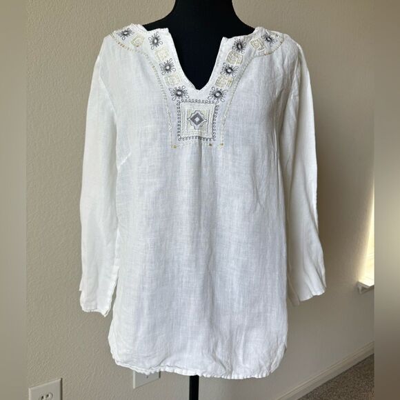 Richard Malcolm 100% Irish Linen White Embroidered Tunic Top Sz M Peasant Boho - Picture 1 of 5